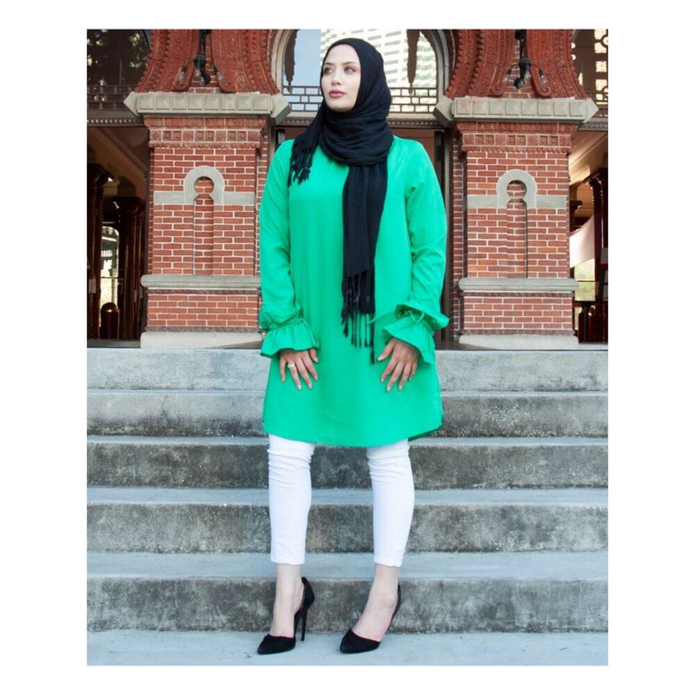 VERONA Womens Green Ruffled Tie Smocked Long Sleeve Mock Top S